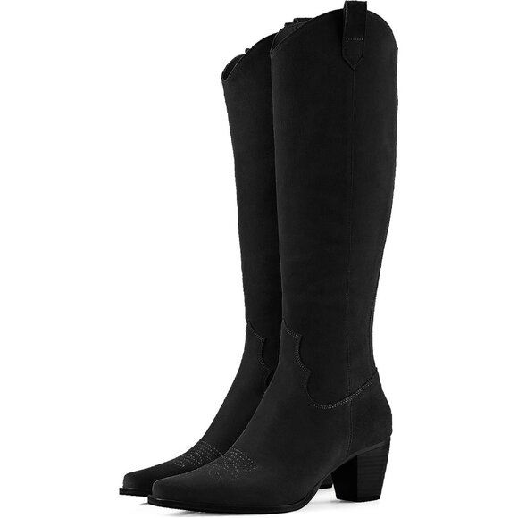 Women Suede Black Cowboy Knee High Chunky Block Heel Square Toe Tall Riding Boot - Picture 1 of 5